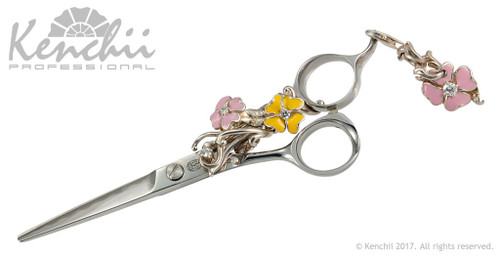 Kenchii Flower-d Japanese steel scissor - front. Scissors for hair cutting