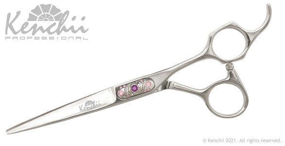 Kenchii Pink Lumina 6-inch offset handle scissor. Scissors for hair cutting