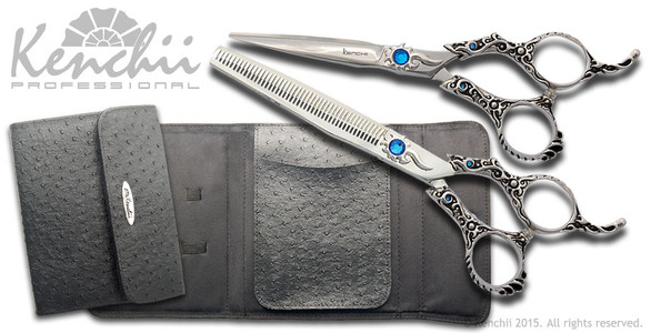 Evolution straight scissor with 46-tooth thinner and black KEO 6-scissor case.