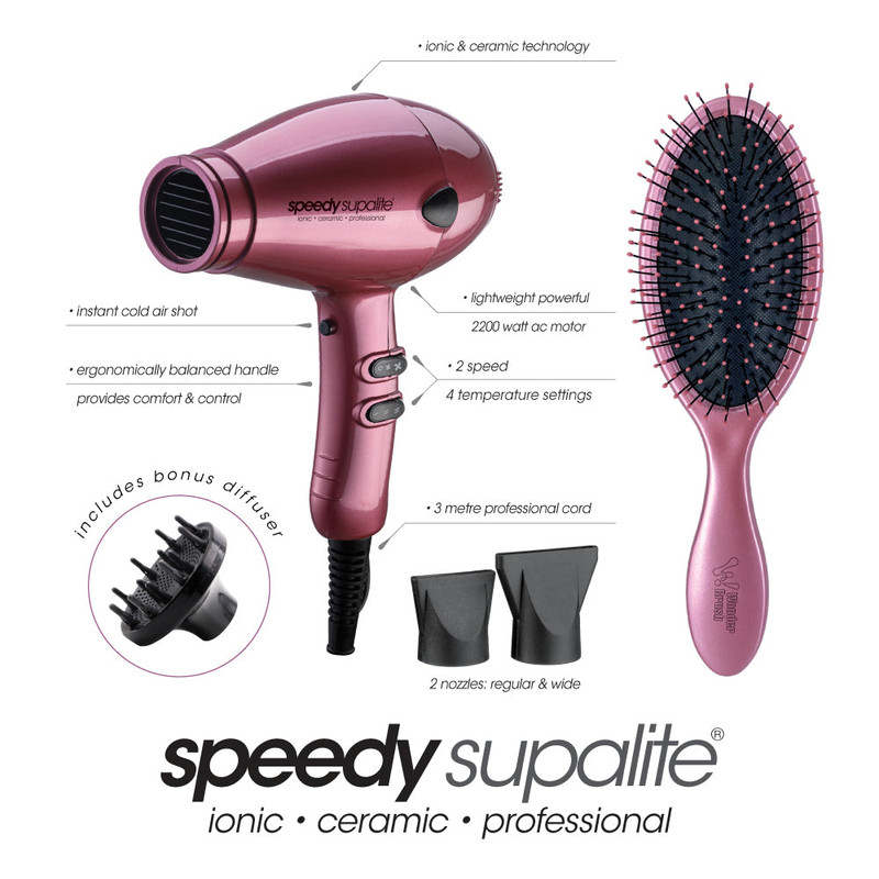 Speedy Supalite Hair Dryer Blush Includes Diffuser with Free Wonder Wet & Dry Brush