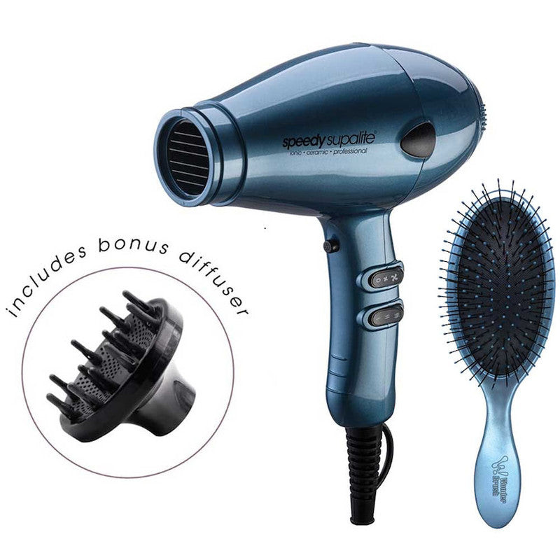 Speedy Supalite Hair Dryer Steel Blue Includes Diffuser with Free Wonder Wet & Dry Brush