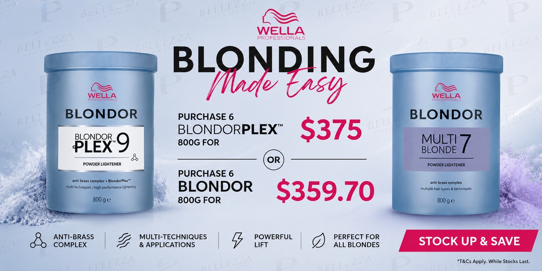 Shop Wella Blondor and BlondorPlex 800g professional lightening powders at Bellezza. Powerful blonde results with reliable lift for salon use.
