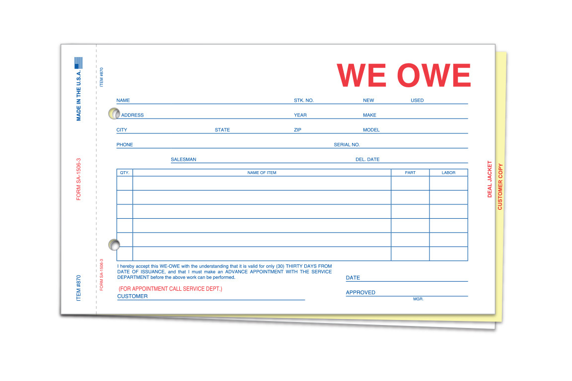 Automotive Service Products We Owe And Due Bill Form 870