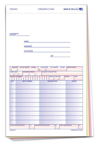 Automotive Service Products Special Parts Order Form 612