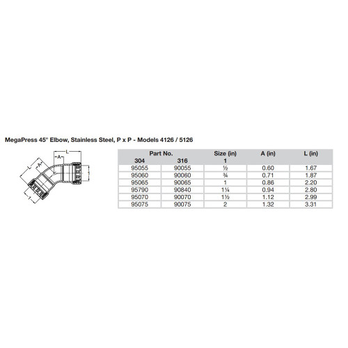 Viega MegaPress 1-1\/2" 45 Stainless Steel 304 Elbow - Double Press Connection - Smart Connect Technology [95070]