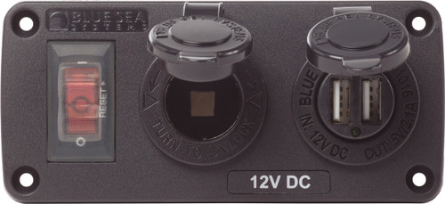 Blue Sea Water-Resistant 12V 15A Circuit Accessory Panel with 12v Socket and Dual USB