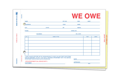 Automotive Service Products We Owe And Due Bill Form 870