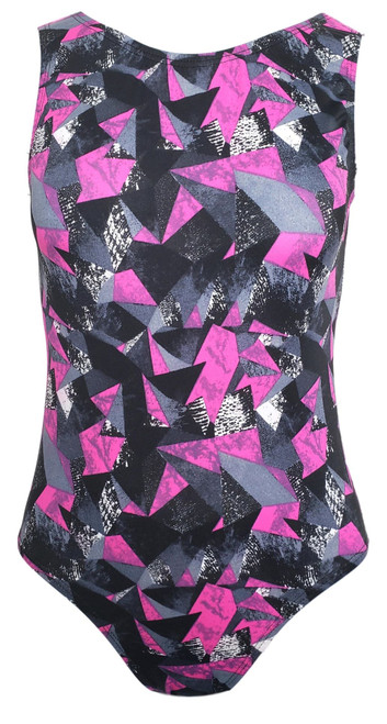 Pink Geometry Gymnastic Leotard. Sporty and Fun! This soft spandex gymnastic leotard features Pink, Gray, and Black triangles and geometric shapes. Scrunchies and Matching Shorts available. Great for cheer, dance, and tumbling too
