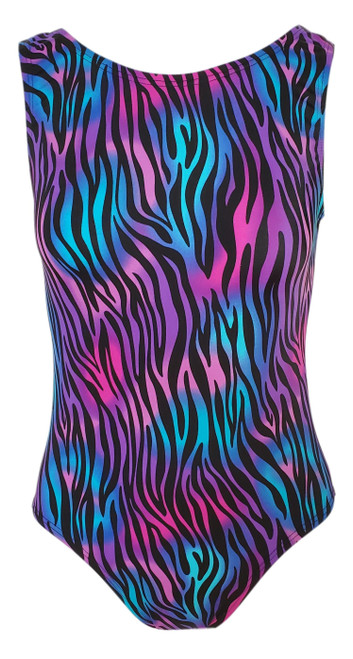 Cool Jungle Cat Gymnastic Leotard.  Pink, purple, and blue tye dye background with cool tiger stripes.