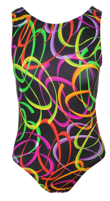 Colorful Streamers Gymnastic Leotard for Girls.  Multicolor streamers, Black background.  Spandex
