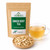 Organic Ginger Root Tea in The Tea Hut certified organic kraft pouch, with loose dried ginger root beside a golden brewed cup.