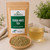 Organic Yerba Mate Tea in The Tea Hut certified organic kraft pouch, with loose yerba mate leaves beside a light golden-green brewed cup.