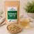 Organic Astragalus Root Tea in The Tea Hut certified organic kraft pouch, with loose chopped astragalus root beside a pale golden brewed cup.