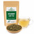 Bulk Spearmint Leaf Tea in The Tea Hut certified organic kraft pouch, with loose spearmint leaves beside a pale golden brewed cup.