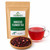 Bulk Hibiscus Flower Tea in The Tea Hut certified organic kraft pouch, with loose hibiscus flowers beside a vibrant red brewed cup.