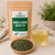 Bulk Chinese Sencha Green Tea in The Tea Hut certified organic kraft pouch, with loose flat Chinese sencha leaves beside a light golden-green brewed cup.