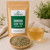 Bulk Damiana Leaf Tea - Wildcrafted in The Tea Hut kraft pouch, with loose chopped damiana leaves and natural stems beside a light earthy-amber brewed cup.