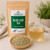 Bulk Olive Leaf Tea in The Tea Hut certified organic kraft pouch, with loose cut olive leaves beside a pale golden brewed cup.