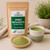 Organic Japanese Matcha Green Tea (Culinary Grade) in The Tea Hut certified organic kraft pouch, with loose culinary-grade matcha powder beside a vivid green prepared cup.