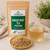 Bulk Ginger Root Tea (Premium) in The Tea Hut certified organic kraft pouch, with loose premium dried ginger root beside a golden brewed cup.