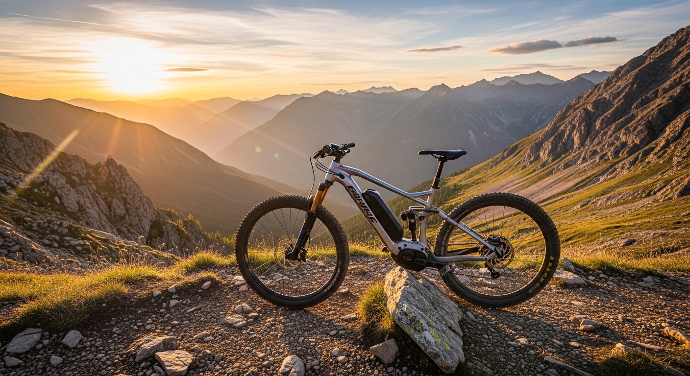 Electric mountain bike on a mountain trail at golden hour