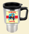 Cowgirl Coffee Retro Sticker on travel mug