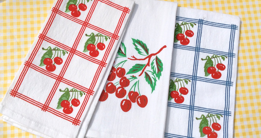 designer kitchen textiles red print