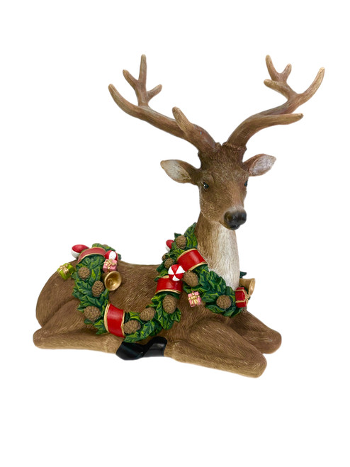 Laying Christmas Deer with Garland 27x25x12cm - Festive Tabletop Decor Laying Christmas Deer with Garland 27x25x12cm - Festive Tabletop Decor