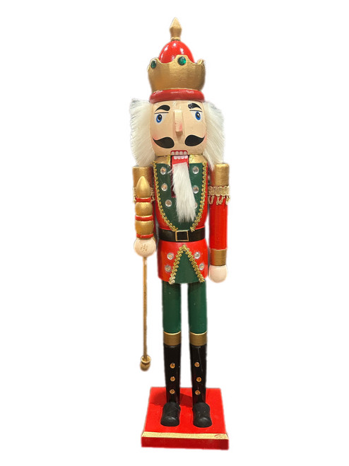 Nutcracker - Traditional GREEN JACKET & GREEN PANTS Holding Staff 60cm
