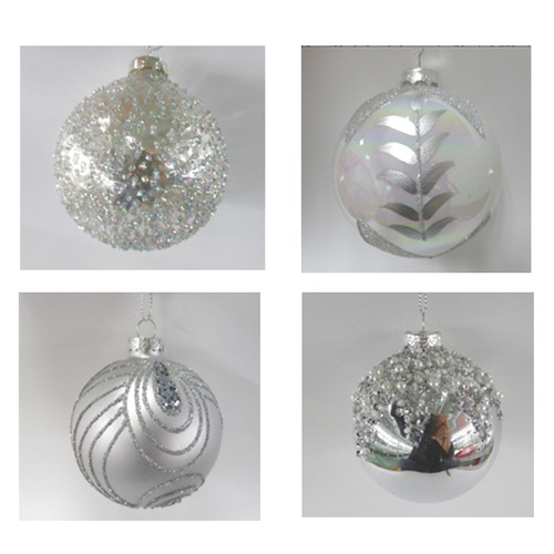 10cm Silver Hand-Painted Glass Bauble (4 Designs) - Christmas Tree Decor 10cm Silver Hand-Painted Glass Bauble (4 Designs) - Christmas Tree Decor