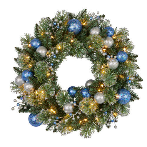 Blue Collection Christmas Wreath with 50 LED Lights & Blue Baubles - 61cm Holiday Decor Blue Collection Christmas Wreath with 50 LED Lights & Blue Baubles - 61cm Holiday Decor