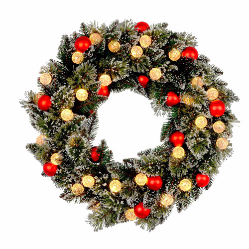 Snowy Bristle Christmas Wreath with 30 LED Snowball Lights & Red Baubles - 76cm Holiday Decor Snowy Bristle Christmas Wreath with 30 LED Snowball Lights & Red Baubles - 76cm Holiday Decor