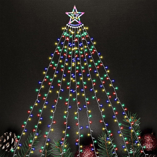30x300cm Multicolour Waterfall Star Lights with Topper Star - Festive Christmas Decor 30x300cm Multicolour Waterfall Star Lights with Topper Star - Festive Christmas Decor
