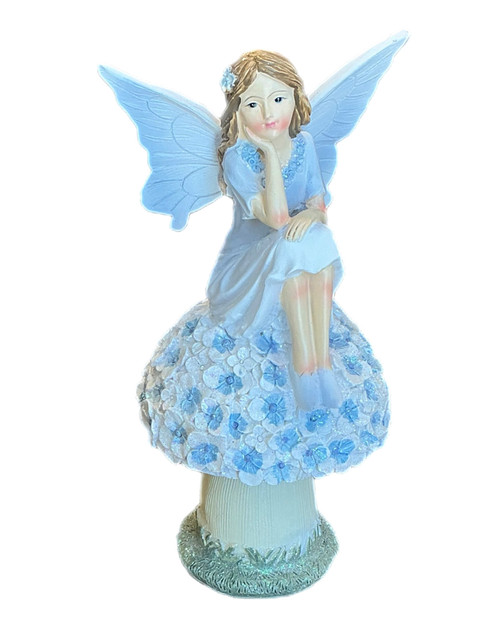 Fairy on Floral Blue Mushroom -18cm Fairy on Floral Blue Mushroom -18cm