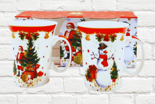 Santa & Snowman Bone China Christmas Mug Set – 2 Piece