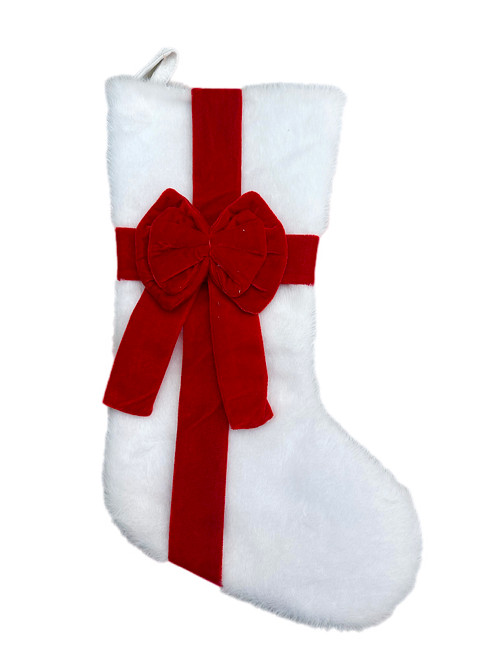Christmas Stocking - WHITE with  Red Bow - 32cm