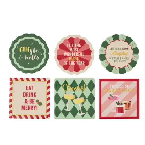 Xmas Cocktail Ceramic Coaster 10cm 6Asst