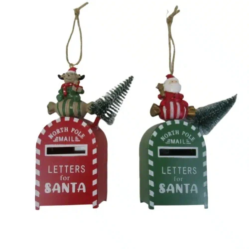 Santa OR Deer Sitting  on Mail Box Ornament 16cm - 2 ASST