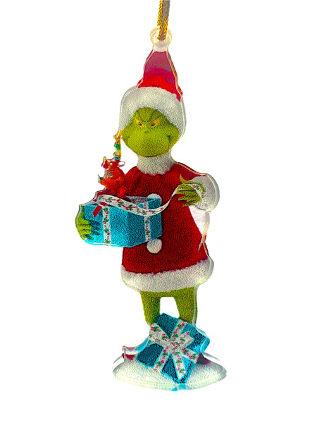 Grinch Christmas Ornament - 9-10cm - Holding Blue Presents