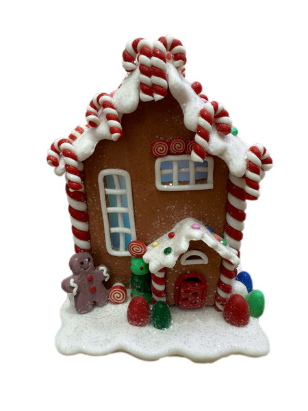 Gingerbread Christmas Cottage BROWN W WHITE ROOF - Lights 14*10*10cm