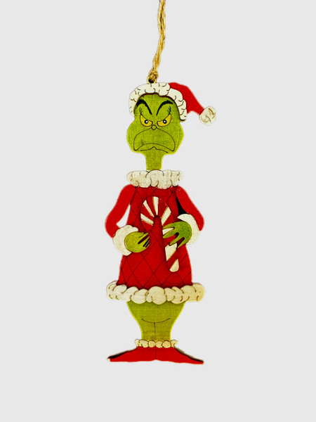 Green Monster Christmas Ornament - WITH CANDY CANE - Wood - 15cm