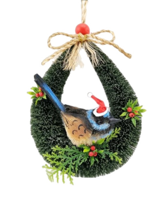 Blue Wren Christmas Door Hanger Wreath - 15cm Eco-Friendly Decor img