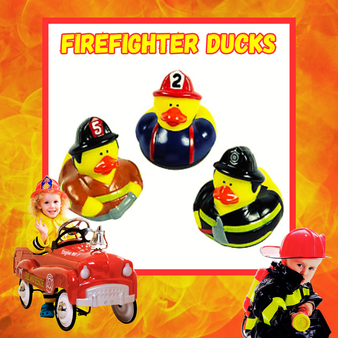 Ducks - Firefighter Ducks - 12/Pkg - 2 inch. This Tub Toy is for 3+ years.