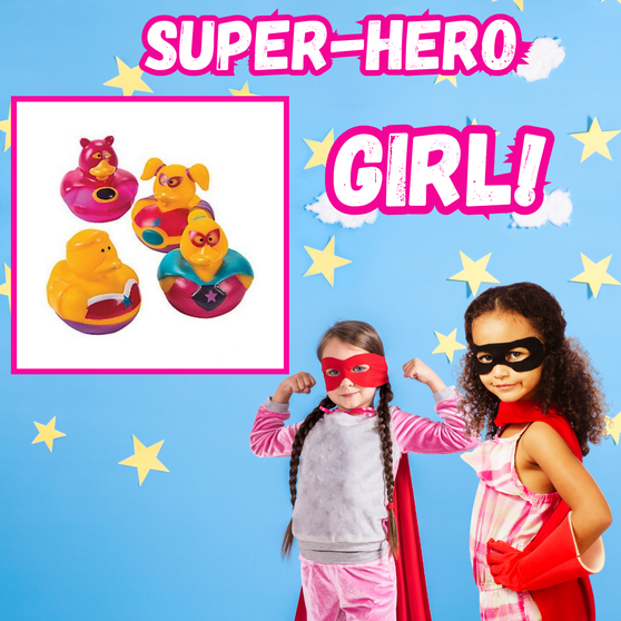 Ducks - Super Hero Girl - 12/Pkg - 2 inch. This Tub Toy is for 3+ years.