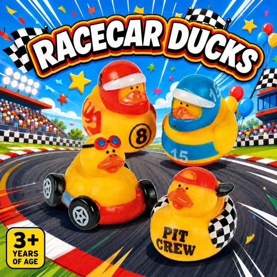 Ducks - Race Car Driver - 12/Pkg - 2 inch. This Tub Toy is for 3+ years.
