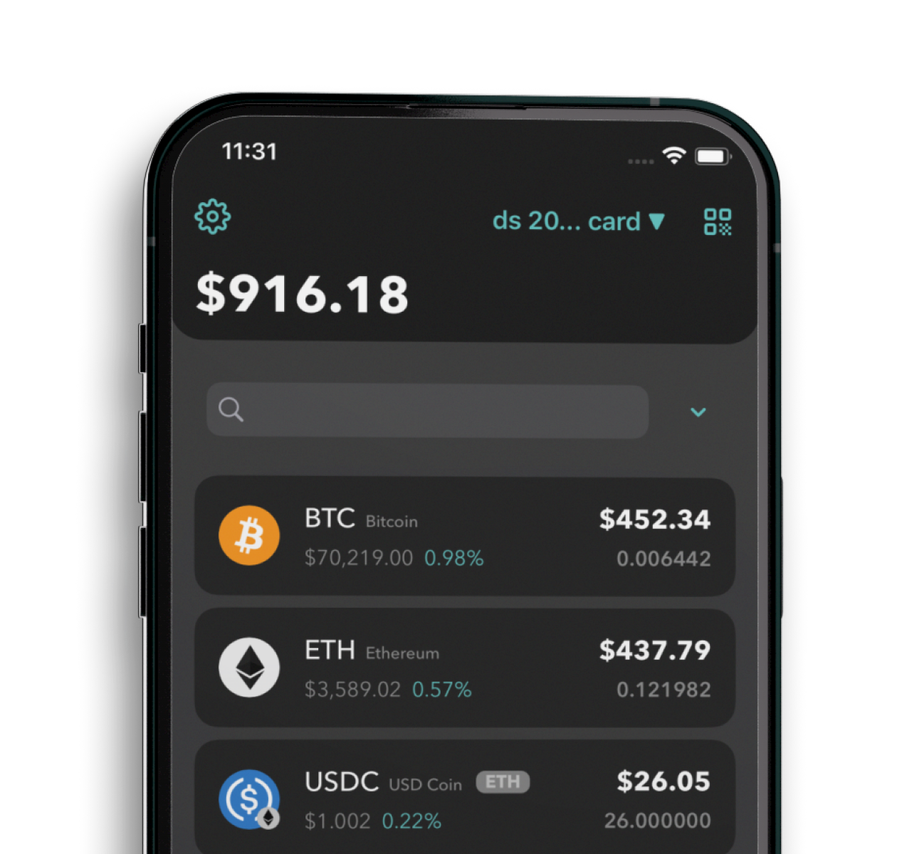 Arculus App showing cryptocurrencies