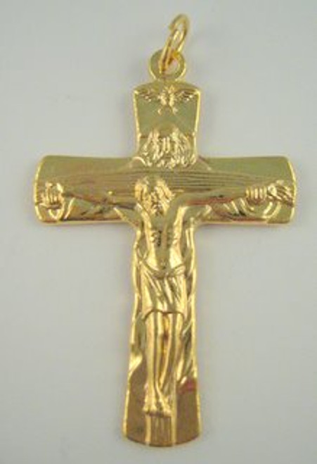 No. 5753BM Base Metal Trinity Crucifix - Gold Plated Size: 1 3/4". Features the Father, Son and Holy Spirit.