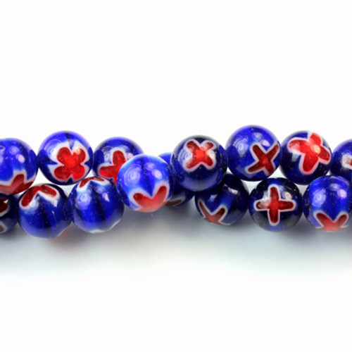 3011 Blue/Red Glass Fancy Multi Color MILLEFIORI Beads 8mm round, use No. 15 eye pins, 60 beads