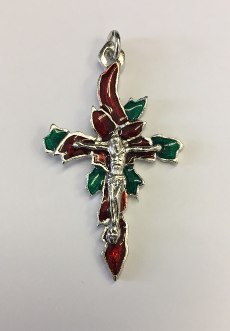 No. 7824P Silver Pewter Christmas Poinsettia Crucifix, size: 2"