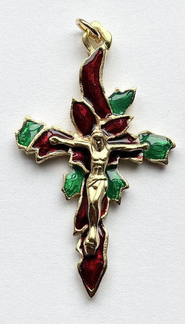No. 57824P Gold Pewter Christmas Poinsettia Crucifix, size: 2"
